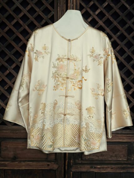 Sheng Tang Peony Master Series | Heavy Embroidery Coat with Gold Thread and Beadwork of Riverbank and Sea Waves - Champagne Color