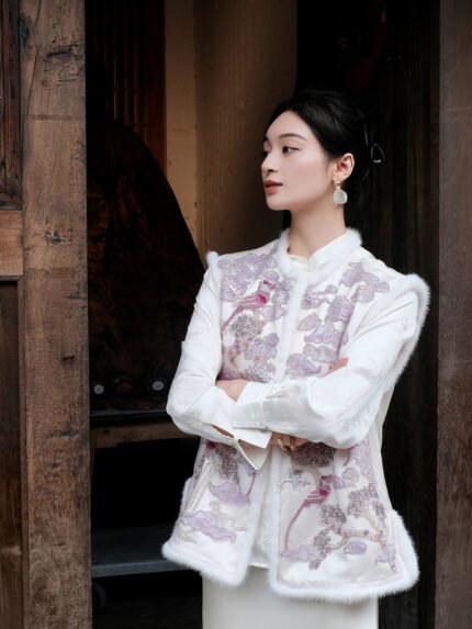 Splendors of the Golden Tang | Hand-beaded 'Pine, Cloud & Phoenix' Quilted Vest