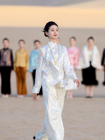 Sheng Tang Peony | Pearl White Silk Blouse with Bamboo Pattern and Asymmetric Collar